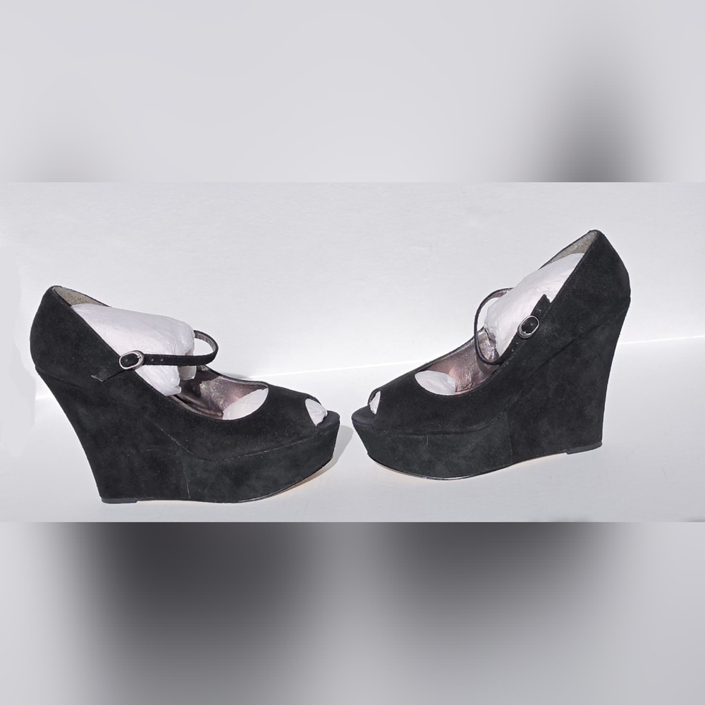 Steve Madden Sofiaa Suede Black Wedge Peep Toe Shoes Sz 10 - Picture 9 of 11